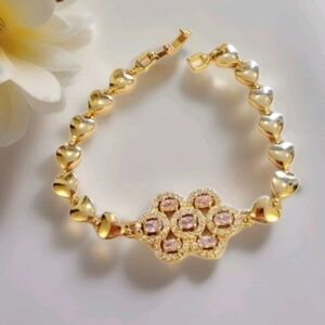 Vintage Pink & White Crystal Heart Link Gold Clasp Bracelet